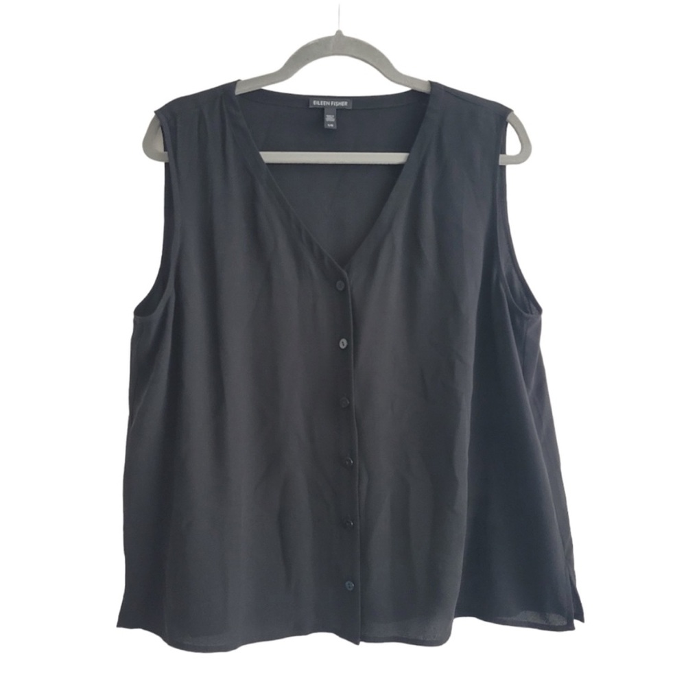 Eileen Fisher Black 100% Silk Sleeveless Button Front Tank Top